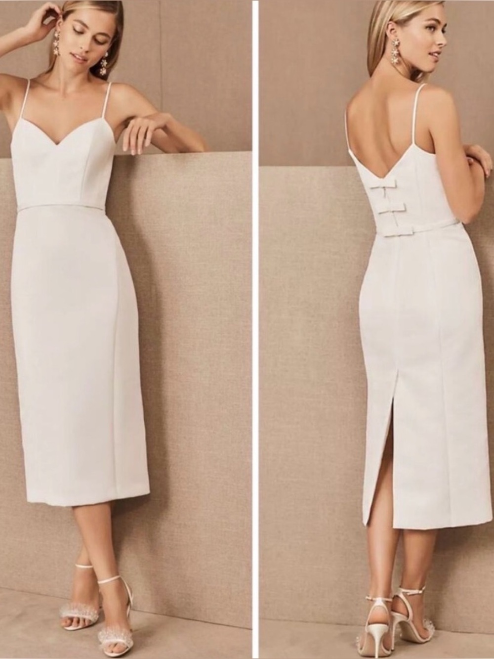 Amsale Ivory Spaghetti-Strap Midi Sheath Dress with bow back